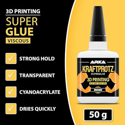 3D Printer Super Glue Gel – XXL 50g / 1.76oz Industrial Strength – Bonds PLA, ABS, PETG, TPU & Nylon – Extra Strong, Waterproof & Heat-Resistant – Anti-Clog Tip – KRAFTPROTZ Adhesive for 3D Prints