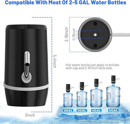 2-5 Gallon Portable Water Dispenser, Water Bottle Pump Rechargeable for 5 Gallon with Silicone Cap, Automatic Drinking Water Jug Dispenser (Black)