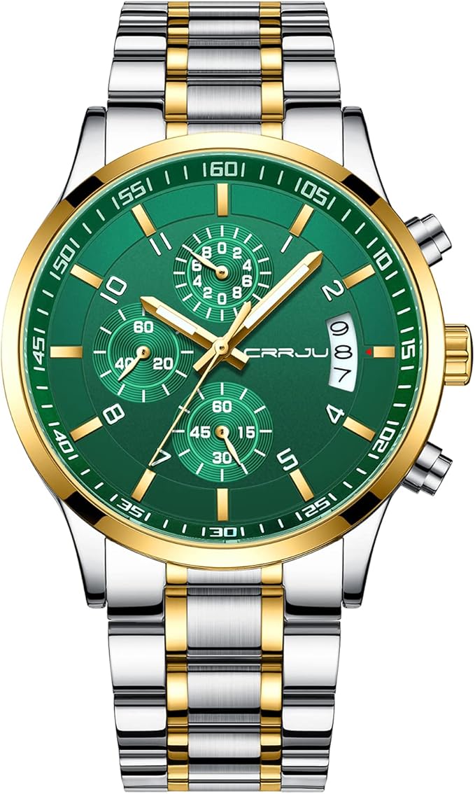 CRRJU Men's Fashion Stainless Steel Watches Date Waterproof Chronograph Wristwatches,Black Steel Band Waterproof Quartz Watch for Men