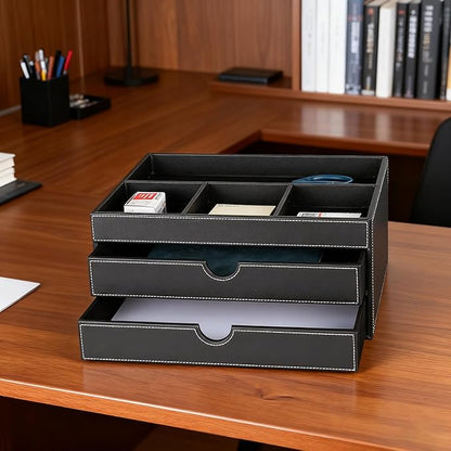 Household Multifunctional Desktop Storage Cabinet, Office file Cabinet Made of Leather, Drawers and Four Separate Organizers, Storage Box on the Bedside Table in the Room (black)