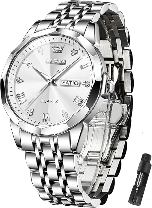 OLEVS Mens Watch Stainless Steel Analog Quartz Watches for Men Day Date Easy Read Diamond Waterproof Dress Luxury Classic Casual Big Face Blue/Black/Gold/Silver Roman Arabic Numerals Men's Wrist Watch