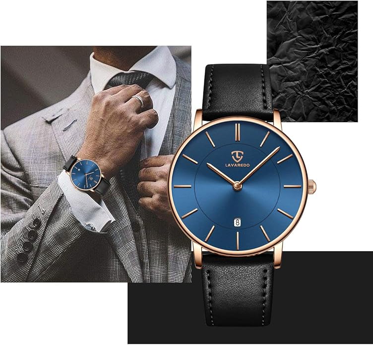 L LAVAREDO Watch for Men, Extremely Thin Mens Watches Minimalist Analog Men's Leather Wrist Watches with Time/Date, Birthday Gift for Men Boyfriend