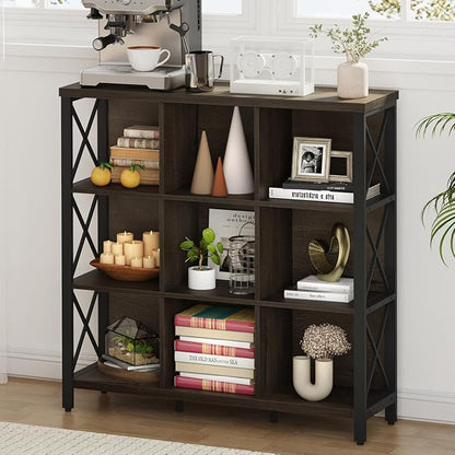 FATORRI 9 Cube Storage Bookshelf, Modern 4 Shelf Book Shelf, Wood and Metal Cubby Bookcase for Home Office (39.38 Inch W, Walnut Brown)
