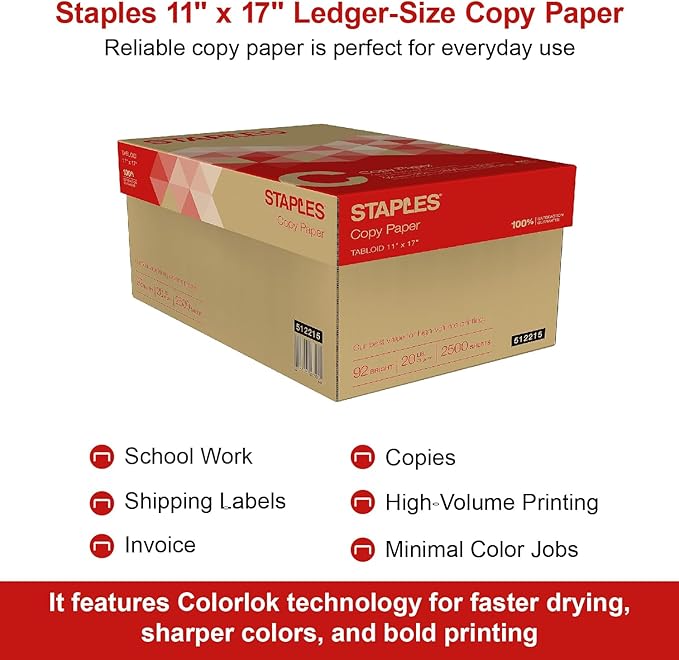 Staples Copy Paper, 11" x 17", 92 Brightness, 20 lbs., Ledger Size Paper (500 Sheets/Ream, 5 Reams/Carton)