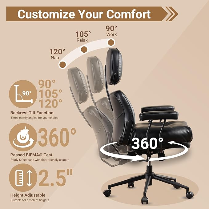 Ergonomic High Back Office Chair, PU Leather Home Office Desk Chairs with Wheels, Lumbar Support Swivel Computer Chair with Rocking Function, Black