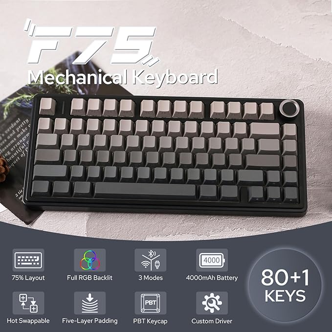 EPOMAKER x Aula F75 Gasket Mechanical Keyboard, 75% Wireless Hot Swappable Gaming Keyboard with Five-Layer Padding&Knob, Bluetooth/2.4GHz/USB-C, RGB (Black Gradient, LEOBOG Reaper Switch)