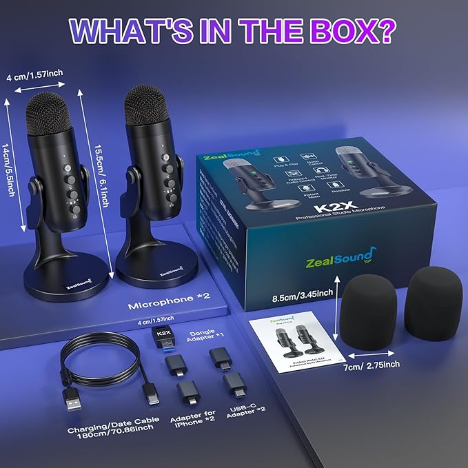 ZealSound Wireless Microphone Bundle,Dual USB Mic for iPhone PC iPad Android Phone-Cordless Condenser Desktop Microphones with Mute Echo Monitor Volume Gain 2.4GHz for Podcast,ASMR,Games,YouTube Video