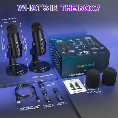 ZealSound Wireless Microphone Bundle,Dual USB Mic for iPhone PC iPad Android Phone-Cordless Condenser Desktop Microphones with Mute Echo Monitor Volume Gain 2.4GHz for Podcast,ASMR,Games,YouTube Video