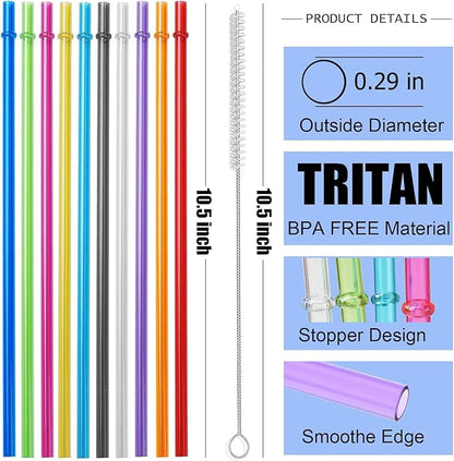ALINK 10.5 in Long Reusable Plastic Straws with Brush, Tritan Hard Plastic Tumbler Straws, 10 Rainbow Colored Replacement Straw for 16 OZ 20 OZ 30 OZ Stanley, YETI, Starbucks Tumblers, Mason Jars