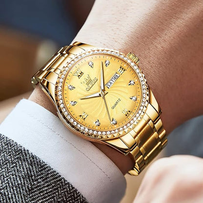 Men's Casual Stainless Steel Watch, Big Face Easy to Read Analog Quartz Watch with Day and Date, Classic Waterproof Diamond Roman Arabic Numerals Dial Dress Watch for Men, Gold Silver Black Band