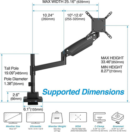 AVLT Single 57 Inch Heavy Duty Monitor Arm Pole Top Mount with USB-C USB-A Ports-Black, Height Adjustable, Easy Install Top C-Clamp/Grommet with Reinforcement Plates, VESA Compatible 200/100/75