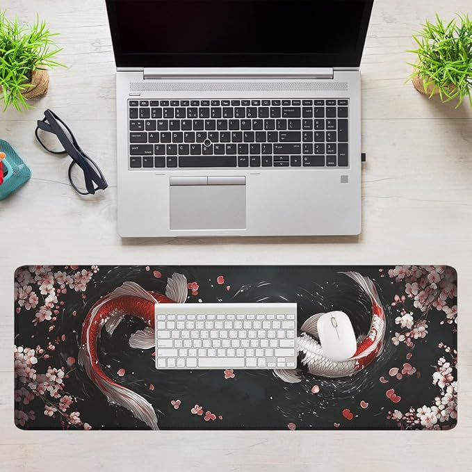 Koi Fish Gaming Mouse Pad Japanese Zen Yin Yang Cherry Blossoms XL Mouse Pad Large Mousepad Extended Laptop Keyboard Mat Gaming Desk Pad Mouse Mat 31.5"x11.8"