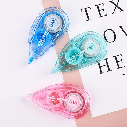 White Correction Tape Dispenser, Easy To Use Applicator for Instant Corrections, For school, Office (Blue,Green,Pink, 12pack, 6M/256, Tape Width 0.2in)