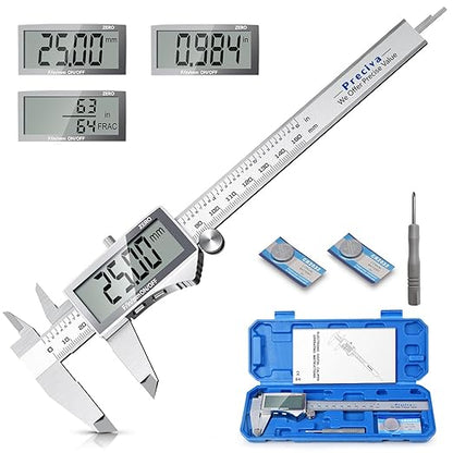 Preciva Digital Caliper, Electronic Stainless Steel Caliper Measuring Tool, Micrometer Calipers with Large LCD Screen, Switch from Inch Metric Fraction, Auto-Off Feature (6INCH/150MM)