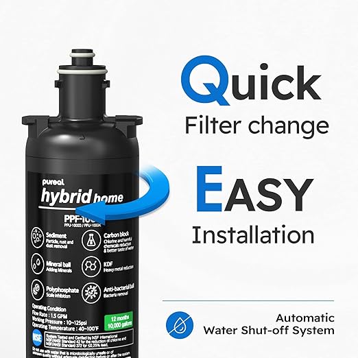 Pureal Hybrid Home PPU-1000K Under Sink Water Filter System, 10K Gallons, NSF/ANSI 42&372, Mineral Sediment Carbon Block KDF Polyphosphate Filter for Scale & Lead & Chlorine
