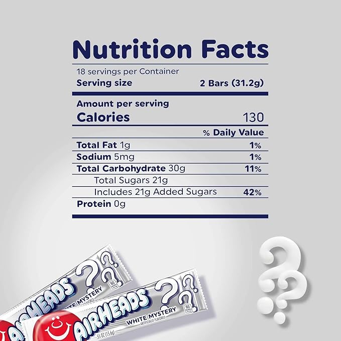 Airheads Candy, White Mystery Flavor, Individually Wrapped Full Size Bars, Taffy, Non Melting, Party, Pack of 36 Bars
