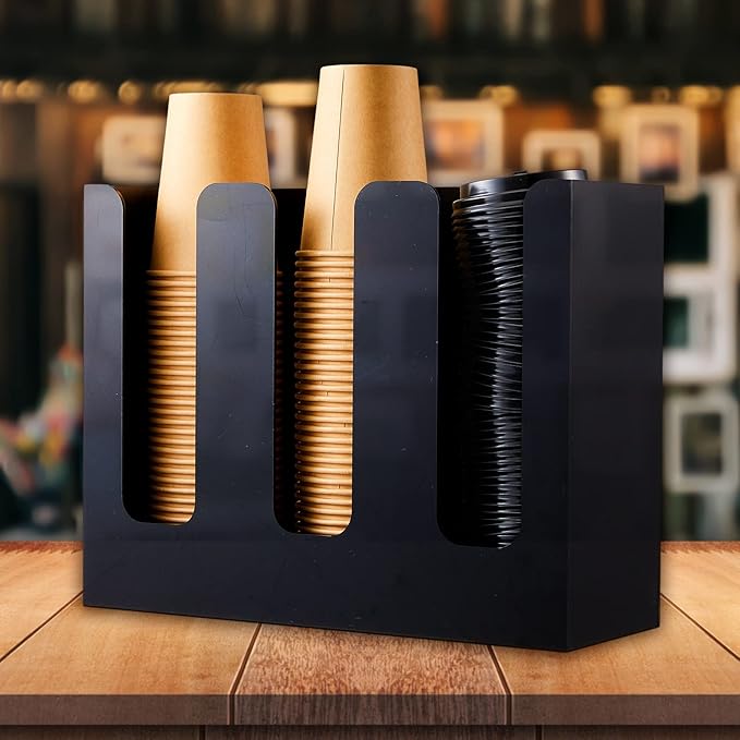 Mumufy 2 Pack 3 Compartments Acrylic Cup Storage Organizer, Disposable Paper Cup Dispenser, Coffee Lid Sleeve Holder for Countertop Restaurant Breakroom Coffee Station Bar Shop Party Supplies