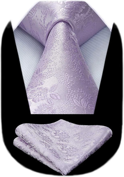 HISDERN Men Floral Ties Woven Classic 3.4" Necktie Set Formal Tie Pocket Square for Wedding with Handkerchief Gift Box