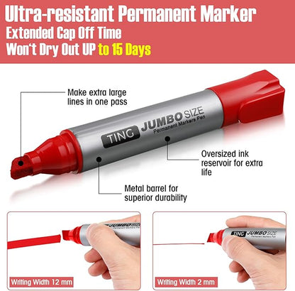 Fuutreo 32 Pcs Jumbo Permanent Markers Bulk Large Chisel Tip Permanent Markers Waterproof Jumbo Pens Quick Drying Office Teacher Supplies(Red)