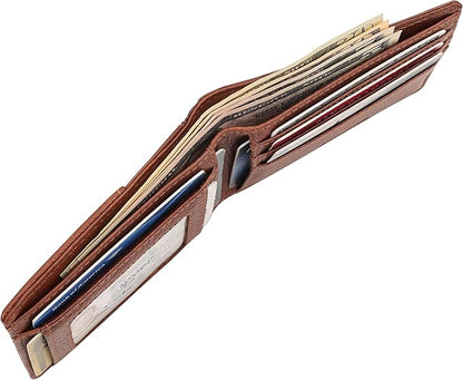 Genuine Leather Mens Bifold Wallet RFID Blocking 7 Credit Card Slots 1 ID Window 1 Section for Bills 2 Additional Slots | Tan
