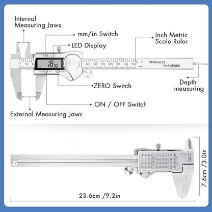 Electronic Digital Calipers, inch and Millimeter Conversion,LCD Screen displays 0-6" Caliper Measuring Tool, Automatic Shutdown, Suitable for DIY/Jewelry Measurement (150mm inch/mm/Fraction)
