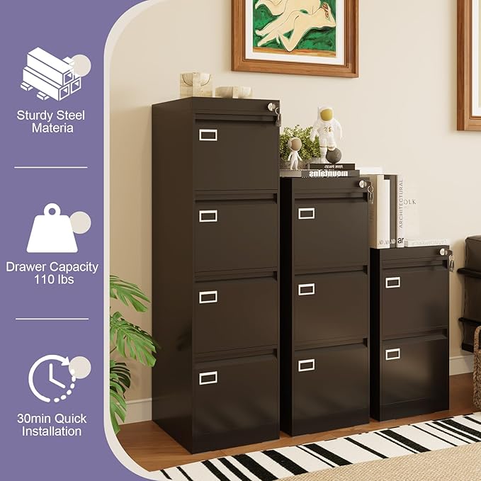 4 Drawer Metal File Cabinet with Lock, Black Lockable Filing Cabinets, Vertical Small File Cabinet with Key, Under Desk Filing Cabinets for Home Office