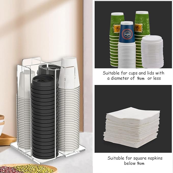 Tirifer Cup and Lid Holder, Coffee Cup Dispenser, Acrylic Cup Storage Organizer, Disposable Paper Cup Storage Holder with 4 Compartments for Countertop Coffee Station Bar Restaurant, Clear