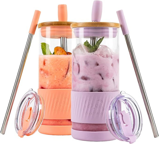 Pandaloo® Glass Cups With Lids and Straws -20 Fl Oz- Perfect Size Iced Coffee Cup - Smoothie Cup With Bamboo Lid and On the go Lid - Glass Tumbler (2 Count (Pack of 1), Peach Fuzz-Lilac Rhapsody)