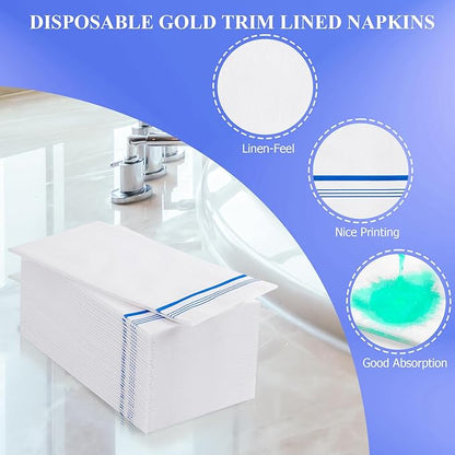 50 Disposable Paper Hand Towels for Bathroom, Decorative Linen Feel Guest Towels, Soft and Absorbent Paper Towels Napkins Bulk for Home Dinner Kitchen Wedding, 12" x 17"(Blue Trim Lined)