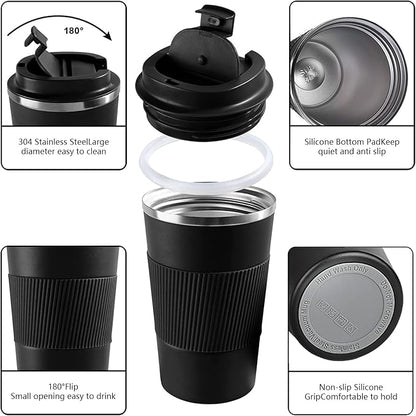 YINBAOGE Insulated Travel Coffee Mug, Spill & Leak Proof, Portable To Go Camping Stainless Steel Coffee Tumbler, Reusable Thermal Coffee Cup with Lid for Hot & Cold Drinks (Black, 17 OZ)
