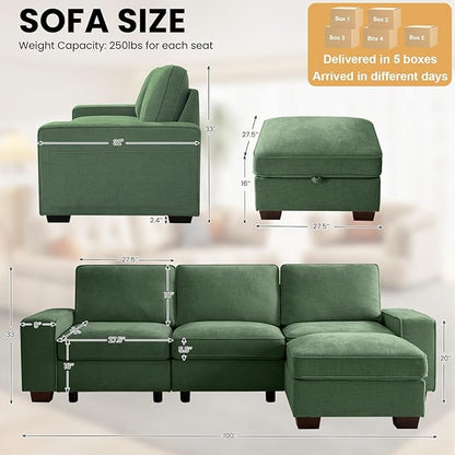TEKAMON 100" Modular Sectional Sofa with Seats Storage, L Shaped Couch with Movable Ottoman, Chenille Fabric Couch for Living Room, Office, Apart W/Deep Seat, USB Charging,Removable Cover(Green)