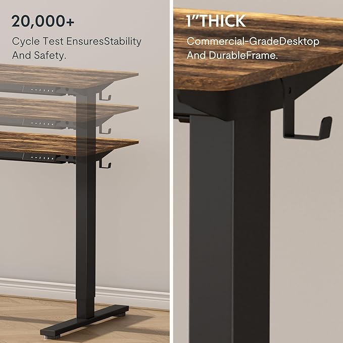FLEXISPOT EN1 Whole-Piece Standing Desk, 48x24 Electric Sit Stand Desk for Home Office (Black Frame + Rustic Top, 2 Packages)