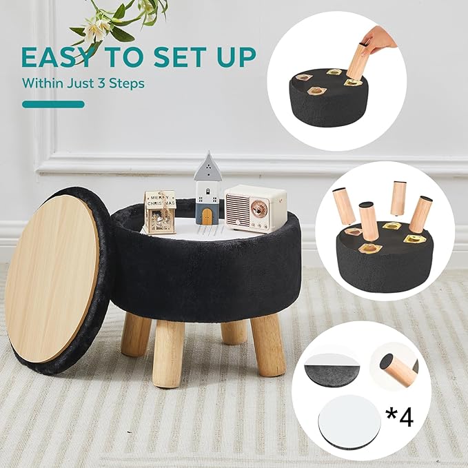 Small Foot Stool Ottoman with Storage, Faux Fur Ottoman Foot Rest for Couch, Round Footstool with Storage, Small Ottomans and Footstools for Living Room and Entryway (Black)