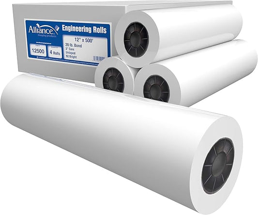 Alliance Wide Format Paper Rolls Bond Engineering (20lb | 4 Rolls, 12 In x 500 Ft | 3" Core)