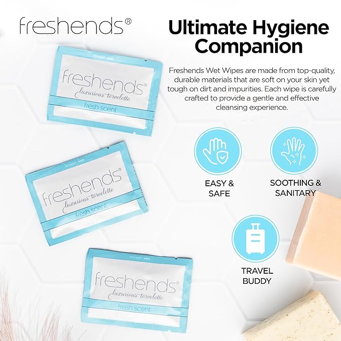 Freshends Flushable Individually Wrapped Wipes – 300 Bulk Pack Luxurious Towelettes, Guest Bathroom Essentials for Weddings, Restaurants, Bars & Clubs – Blue, Travel-Size, Disposable