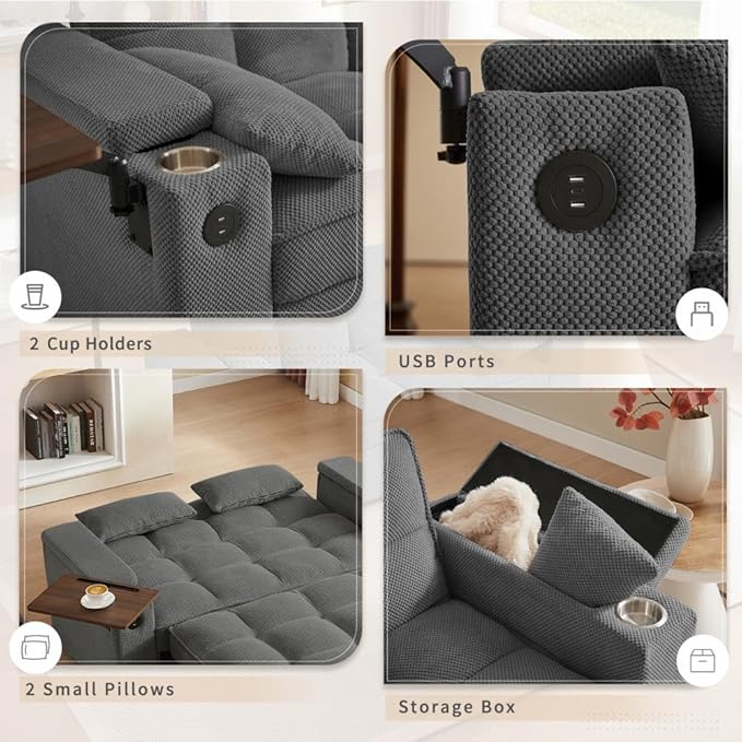 65'' Convertible Sleeper Sofa Bed with Adjustable Backrest, Chaise Lounge, Side Table & USB/Type-C Ports – Stylish & Functional Addition to Any Living Room (Dark Grey Sofa Bed)