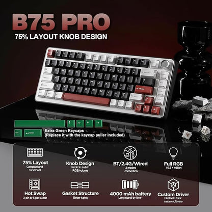 YUNZII B75 PRO Wireless Mechanical Keyboard,75% Layout with Knob,Hot Swap Gasket Custom Structure,Creamy Pre-lubed Switches,RGB Backlit,Bluetooth/Type-C/2.4G for Win/Mac(Milk Switch,Black)