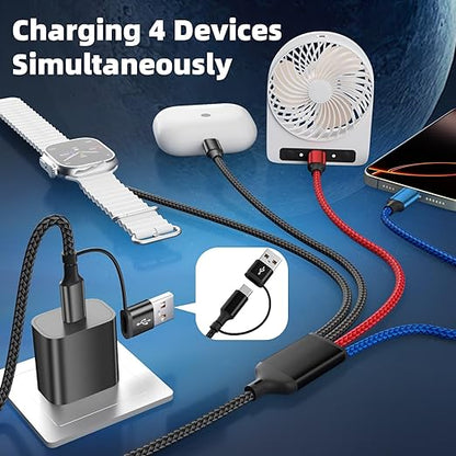 Dual Type-C Port 4 in 2 USB C Cable for iWatch Charger/iPhone 17, Travel Charger Multi Charging Cable Cord for iWatch Ultra/SE/10-1, iPhone16-8, iPad, Android, Car, Cruise Essentials - 1Pc 5FT