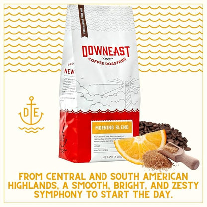 Downeast Coffee Roasters Whole Bean Coffee - Morning Breakfast Blend, Light Roast, 100% Arabica Coffee - Smooth, Bright and Balanced - South American Highlands Blend (2lb Bag, Pack of 6)