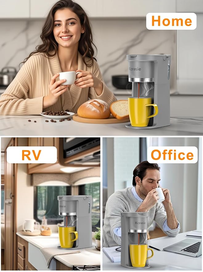 Slim Single Serve Coffee Maker, Fast Brew for K-Cup & Ground Coffee Small One Cup Coffee Maker, 6-12 Oz Brew Sizes, Coffee Machine with Descaling Reminder and Water Window,Grey