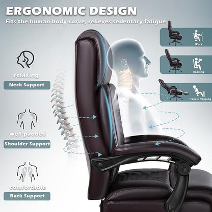 Big and Tall Office Chair with Foot Rest 400lbs, Heavy Duty Executive Leather Office Chair for Heavy People, Comfy High Back Ergonomic Office Desk Chair with Footrest and Lumbar Support, Brown