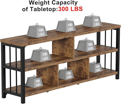 IBF Bookshelf, Farmhouse 63” Long Open Book Shelf, Wood Metal 5 Cube Bookcase for Living Room, Low Horizontal Bookshelf for Bedroom, Wide Cubby Storage Organizer for Home Office, Rustic Brown, 63 Inch