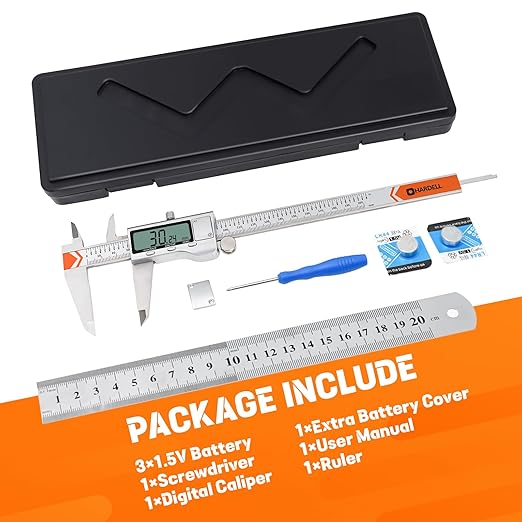 Digital Caliper, HARDELL Caliper Measuring Tool 8 Inch/200mm, 0.001" High-Precision Stainless Steel Calipers with Easy Inch Fraction Millimeter Conversion, Auto-Off Caliper with Large LCD Screen