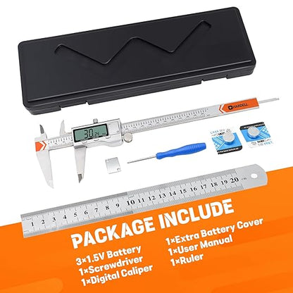 Digital Caliper, HARDELL Caliper Measuring Tool 8 Inch/200mm, 0.001" High-Precision Stainless Steel Calipers with Easy Inch Fraction Millimeter Conversion, Auto-Off Caliper with Large LCD Screen