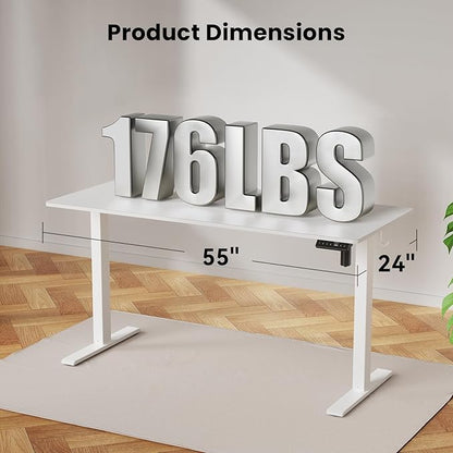 55x24 Inches Height Adjustable Electric Standing Desk with 2 Hooks for Home Office, Ergonomic Sit Stand up Desk with Splice Board, White