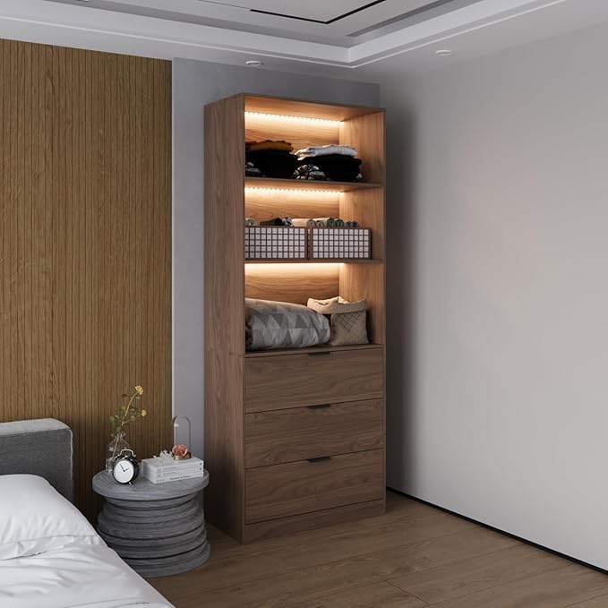 78.7" Walnut Display Cabinet with 3 Drawers, 3 -Tier Storage Cabinet with LED Lights, Tall Bookcasse Storage Cabinet, LED Display Case for Collectible, Living Room, Office, Kitchen