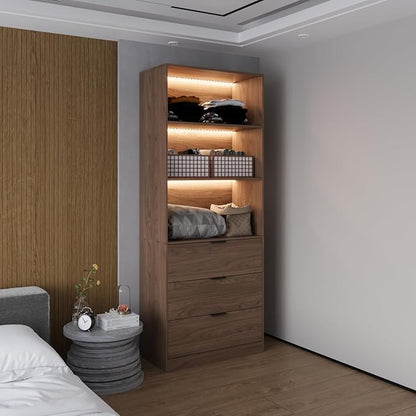 78.7" Walnut Display Cabinet with 3 Drawers, 3 -Tier Storage Cabinet with LED Lights, Tall Bookcasse Storage Cabinet, LED Display Case for Collectible, Living Room, Office, Kitchen