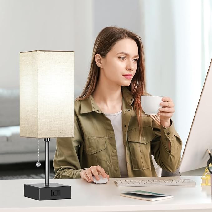 15'' Table Lamp for Bedroom set of 2,3-Color Bedside Lamps with Pull Chain Table Lamps for Night stands with AC Outlet,Small Night Light Lamps with 2 Bulbs Lamps for Living Room Kids Room Office Decor