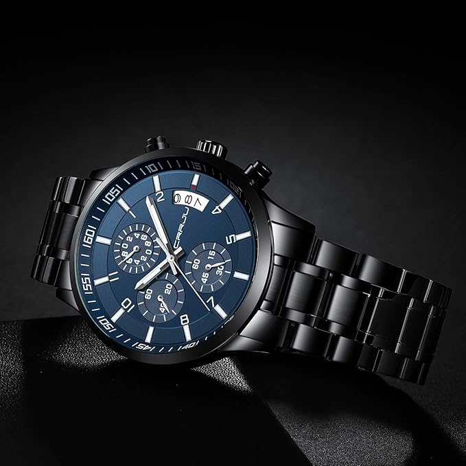 CRRJU Men's Fashion Stainless Steel Watches Date Waterproof Chronograph Wristwatches,Black Steel Band Waterproof Quartz Watch for Men
