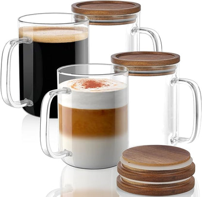 DRASTAR Glass Coffee Mugs, 20 oz Clear Coffee Cups, Coffee Mug with Acacia Wood Lid, Tea Glass Cups with Handles, Large Coffee Mug Set of 4, Glass Coffee Cups for Latte, Espresso, Tea